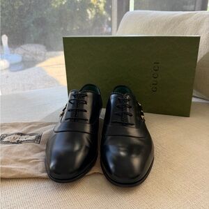 Gucci Black Leather Lace-Up Oxfords with Gold-Tone Detail